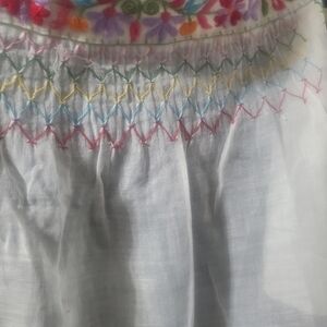 2 White Vintage Had Made Apron with Pastel Floral Embroidery